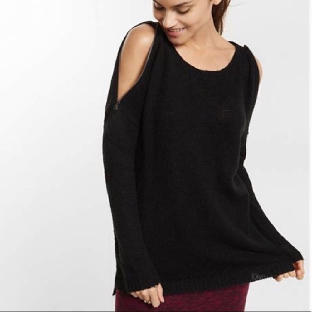 Express Zip Cold Shoulder Tunic Sweater